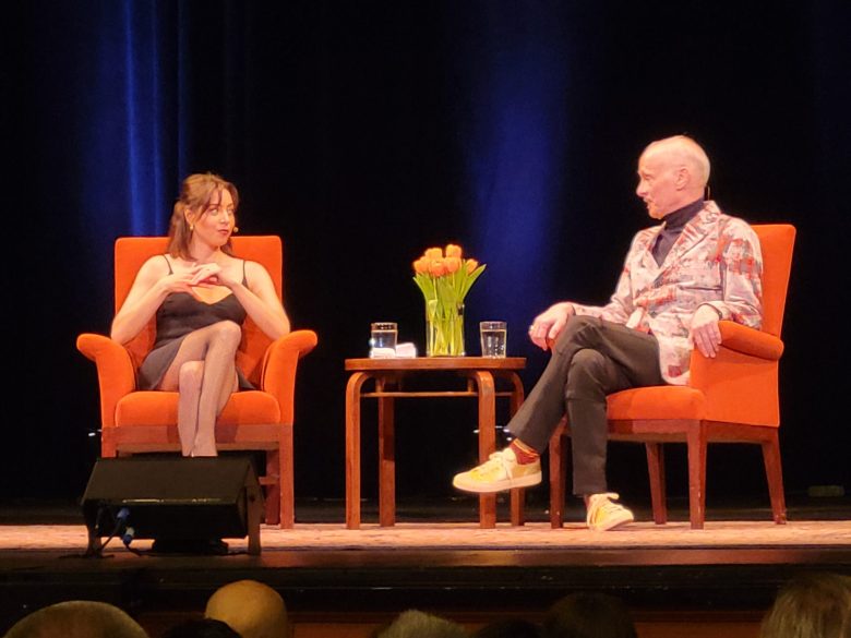 Actress Aubrey Plaza and Baltimore filmmaker John Waters onstage at the Sydney Goldstein Theater in San Francisco. Photo by Ed Gunts.