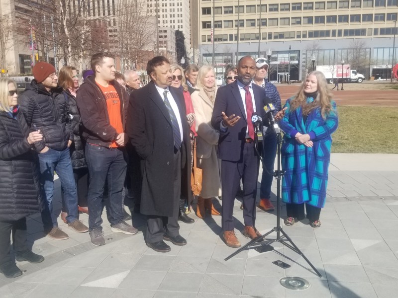 Mayoral candidate Thiru Vignarajah holds news conference at McKeldin Square on Feb. 5, 2024. Photo by Ed Gunts.