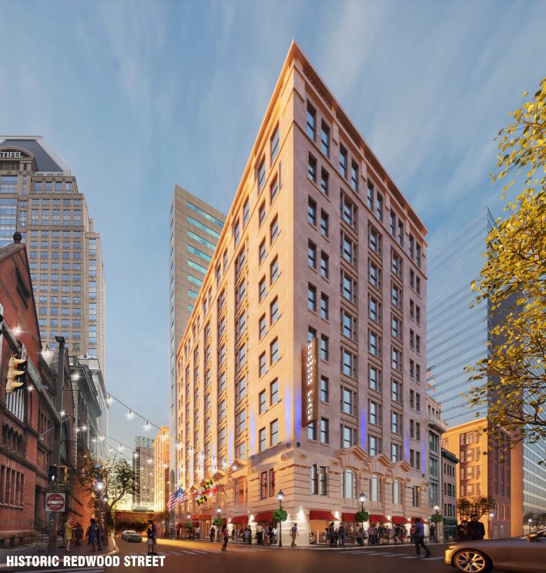 A rendering shows what Redwood Place will look like after developers finish transforming the former Hotel RL Baltimore Inner Harbor into a 130-unit apartment building. Credit: Michael Graves Architecture Design.