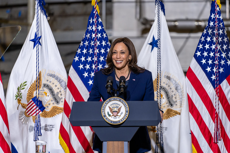 Vice President Kamala Harris gives remarks at the NASA Goddard Space Flight Center in November 2021. Photo Credit: NASA/Taylor Mickal via Flickr Creative Commons.