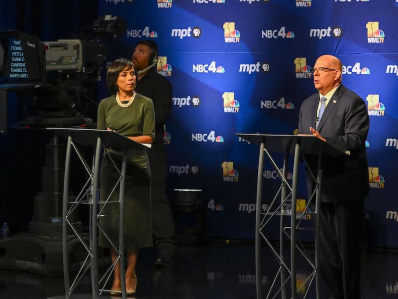 OWINGS MILLS, Md. - Democrat Angela Alsobrooks and Republican Larry Hogan, candidates for the U.S. Senate, participate in what may be their only debate Thursday. (Michael Ciesielski Photography/Courtesy of Maryland Public Television)