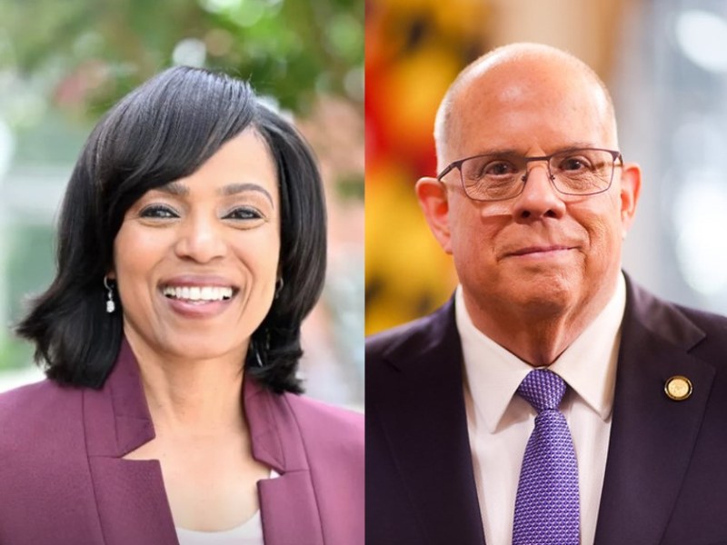 (Left) Prince George's County Executive Angela Alsobrooks, a Democrat, and (right) former Maryland Gov. Larry Hogan, a Republican. The politicians are their respective party's nominee for Maryland's open U.S. Senate seat. Photos courtesy of Angela Alsobrooks for U.S. Senate and Maryland GovPics.