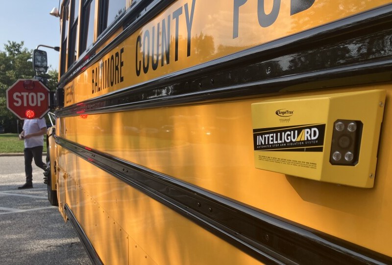 Baltimore County school leaders partnered with local police to install the new bus cameras ahead of the first day of classes, in the latest district-wide student safety effort. Photo by Bri Hatch/WYPR.