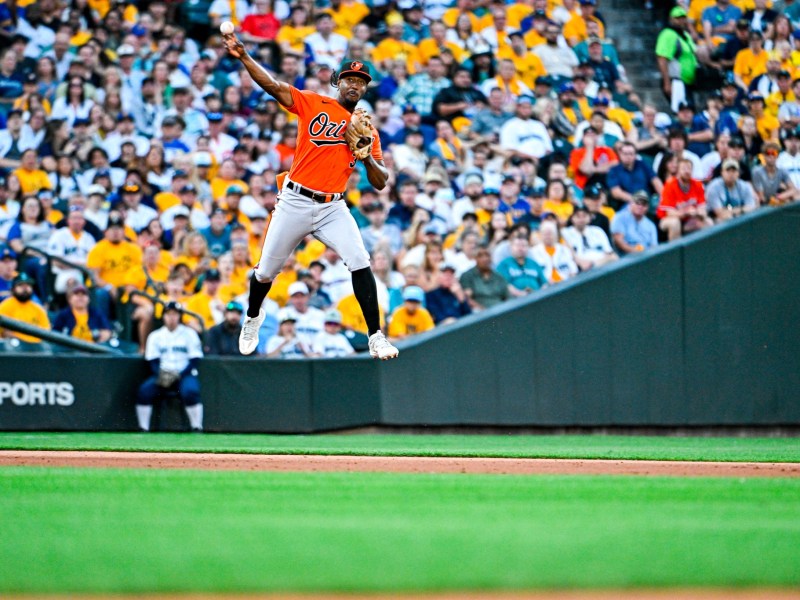 Baltimore Orioles shortstop Jorge Mateo gets some air while throwing the ball. Photo courtesy of Baltimore Orioles.