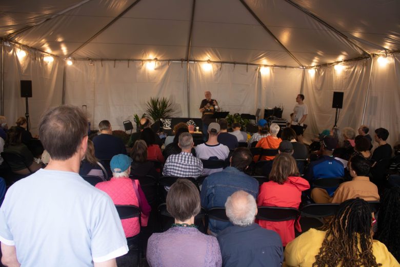 Festivalgoers listen to a talk from Bill Ayers at the Baltimore Book Festival on Sept. 29, 2024. Photo by Maggie Jones.