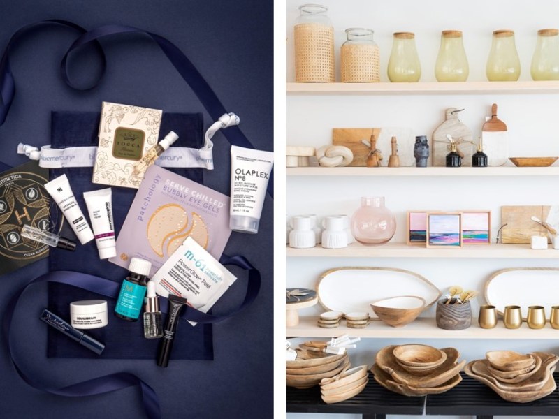 (Left) A sample bag of personal care items from Bluemercury. (Right) Decor items from Ruxton Mercantile. Photos courtesy Bluemercury and Ruxton Mercantile.