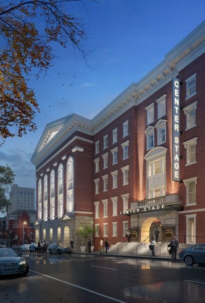 outside picture at dusk of Center Stage theater building