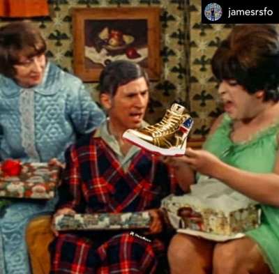 In a meme, Dawn Davenport from “Female Trouble” finds Trump shoes under the Christmas tree instead of the cha cha heels she hoped to get. Image courtesy of jamesrsfo via john_waters_divine_trash_page on Facebook.