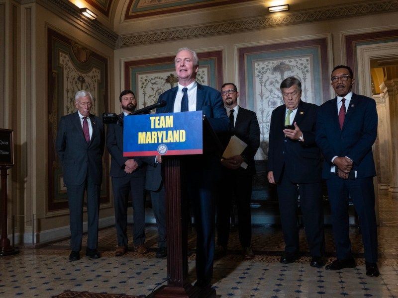 WASHINGTON - Maryland Sen. Chris Van Hollen (at the podium) and Maryland Rep. Steny Hoyer (far left), EPA Region 3 Administrator Adam Ortiz (left), Maryland Sen. Ben Cardin (behind Van Hollen), Maryland Natural Resources Secretary Josh Kurtz (middle), Maryland Reps. Dutch Ruppersberger (right) and Kweisi Mfume (far right) holding a press briefing Wednesday on Capitol Hill on the actions to keep the Chesapeake Bay healthy. (Andrea Durán/Capital News Service)