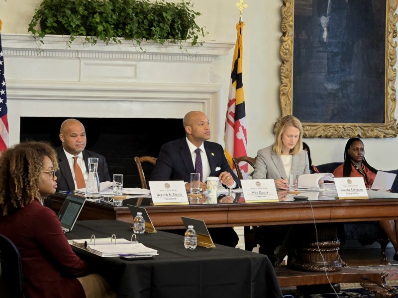 State Treasurer Dereck Davis, Gov. Wes Moore and Comptroller Brooke Lierman attend a Board of Public Works meeting on Wednesday, Oct. 16, 2024. (Marissa Yelenik/Capital News Service)