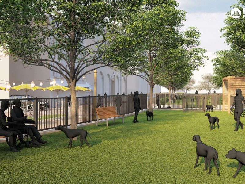 A rendering depicts the proposed Liberty Park Civic Space, including a dog park. Credit: Mahan Rykiel Associates.