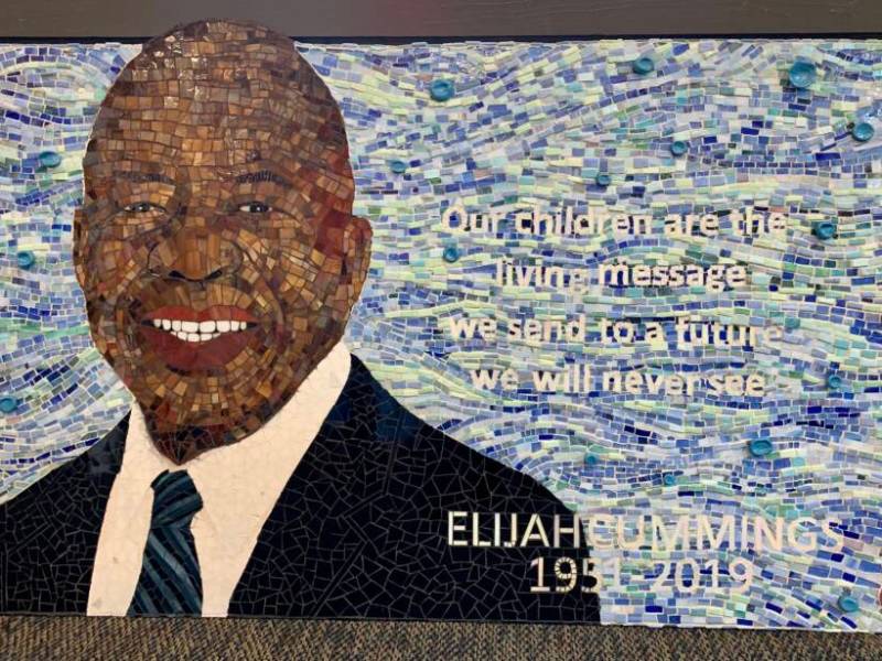 This 3-feet-by-5-feet mosaic artwork of the late U.S. Rep. Elijah Cummings was created in 2021 by Art with a Heart and members of the Elijah Cummings Youth Program in Israel. The artwork hangs at the Cummings Courthouse in Baltimore. It features a quote from Cummings: "Our children are the living message we send to a future we will never see." Photo courtesy of Art with a Heart.