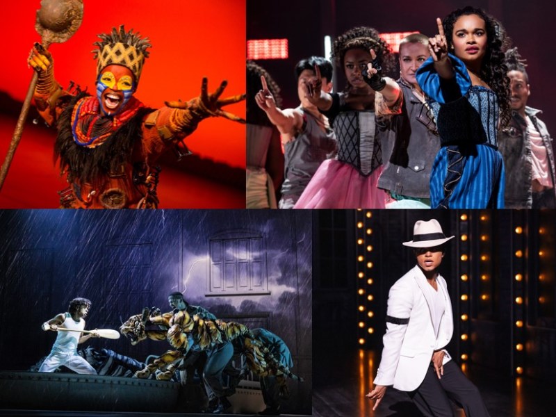 Production photos from (clockwise from top left) "Disney's The Lion King," "& Juliet," "MJ the Musical," and "Life of Pi." These shows will be among the Hippodrome Theatre's 2024-2025 lineup. Photos by Matthew Murphy. Collage by Marcus Dieterle.