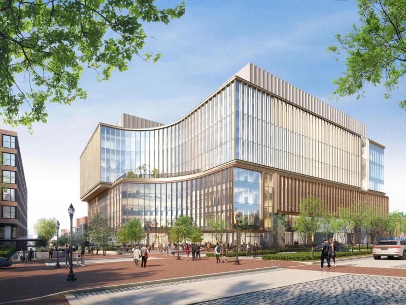 A rendering depicts the proposed Johns Hopkins Life Sciences Building as seen from Broadway looking west. Credit: Payette.