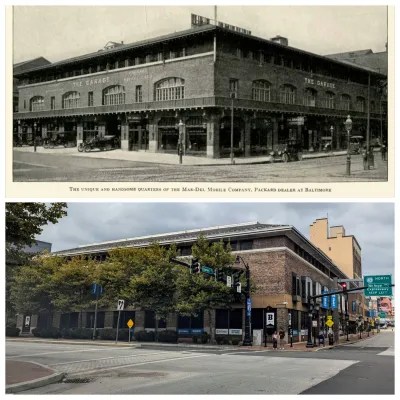 Top image is a black and white photo of a square building with old cars parked in bays along the perimeter. The bottom photo is a colored photo of the same building today.