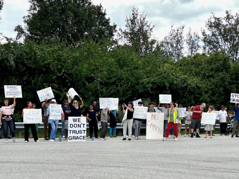 Residents who live near the W.R. Grace headquarters in Columbia gather Sept. 6, 2024 to protest the company's plans for a pilot plastics recycling plant. Members of the Stop the Grace Burning Project group worry the plant could negatively impact local air quality and cause other environmental and health-related harms. Photo courtesy René Maldonado.