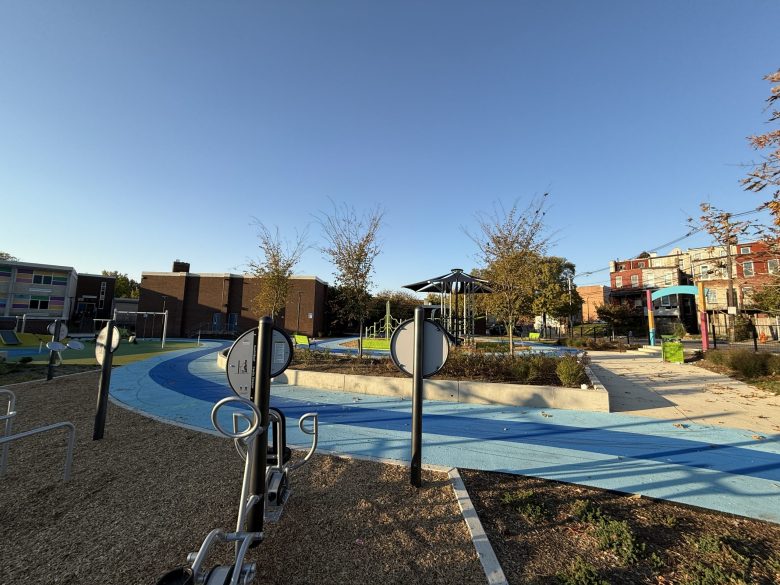 The newly renovated Cecil Community Park includes fitness equipment, such as a chest/back press machine, a hand cycler, and tai chi wheels. Photo courtesy Parks & People.