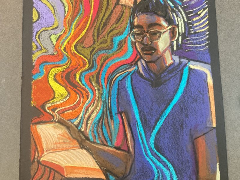 A portrait of the author, "Miss Harris," created by one of their former students. Art by Socorra Reggie.