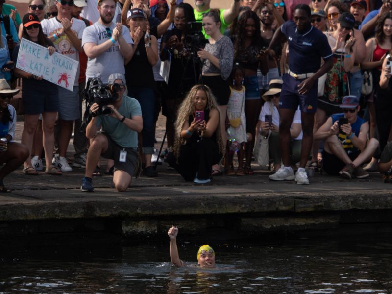 Katie Pumphrey becomes the first person to complete the 24-mile swim from the Bay Bridge to Baltimore's Inner Harbor on June 25, 2024. Photo by Maggie Jones.