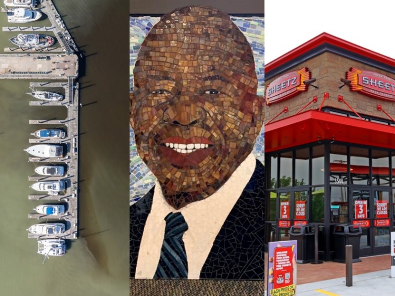 (Left to right) A "pistachio tide" in Baltimore's Inner Harbor; A mosaic artwork of the late U.S. Rep. Elijah Cummings; and the exterior of a new Sheetz location in Middle River in Baltimore County.