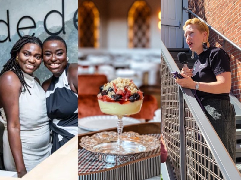 (Left to right) Sisters Yvette Pappoe and Elle Odoi, owners of "the dede.shop"; A dish from the New York Times-recognized Baltimore restaurant Ammoora; Nancy Proctor, Chief Strategy Officer at The Peale museum.