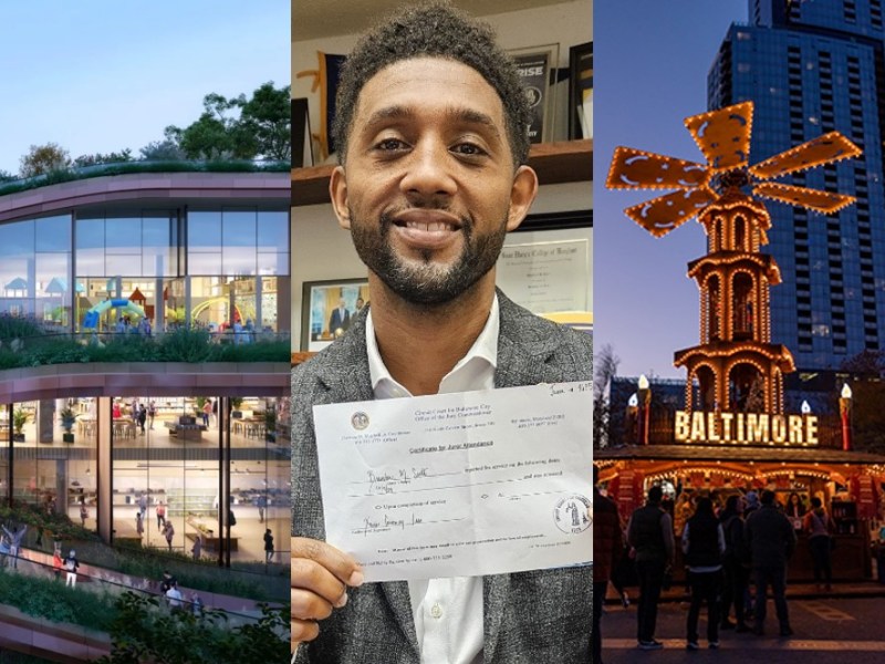 A rendering depicts the planned Columbia lakefront library; Mayor Brandon Scott holds up his certificate of juror attendance; a scene from the 2023 Christmas Village in Baltimore.