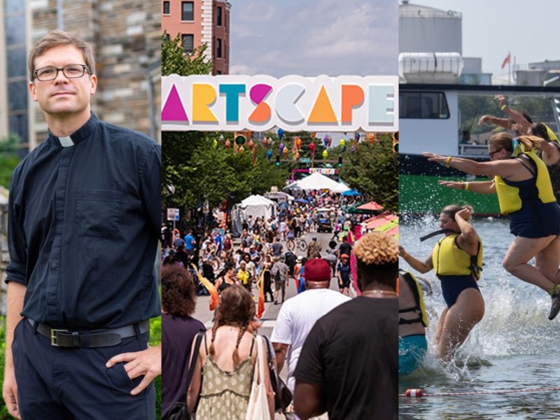 (Left to right) Father Evan Ponton, associate pastor at Shrine of the Little Flower; Attendees at Artscape 2024; Harbor Splash 2024 participants jump into Baltimore's harbor.