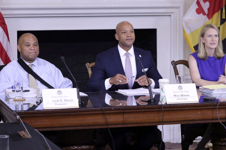 Members of the Maryland Board of Public Works, from left, Treasurer Dereck Davis, Gov. Wes Moore and Comptroller Brooke Lierman listen to testimony about $148.3 million in state budget cuts approved, Wednesday, July 17, 2024 in Annapolis, Md. Photo by Brian Witte/AP.