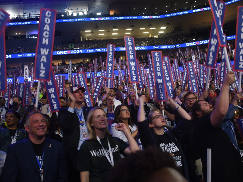 Maryland delegates wearing "Maryland tough, Baltimore strong" shirts cheer at the Democratic National Convention in Chicago.(Daniel Stein/Capital News Service)