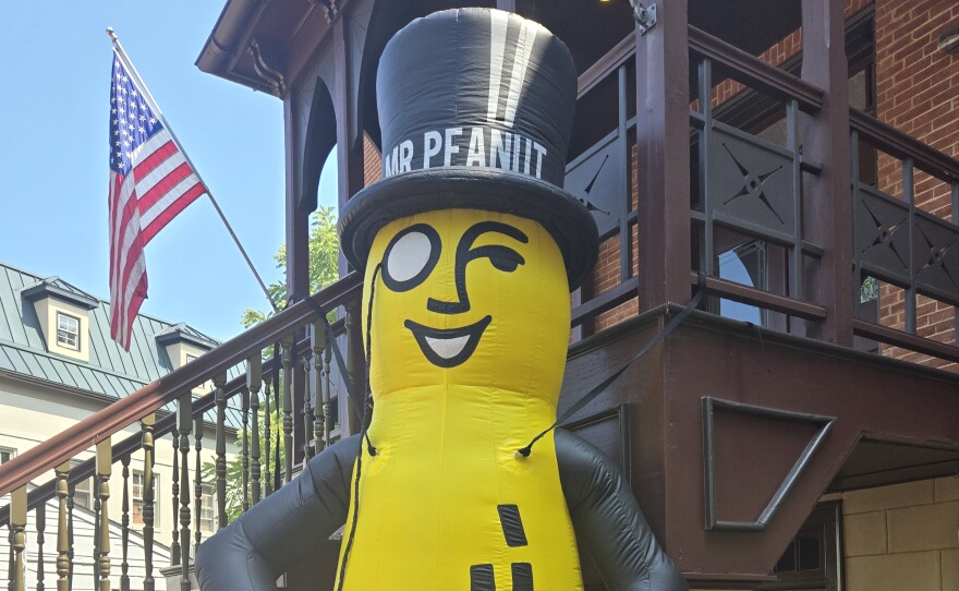 Mr. Peanut greets visitors at the annual gathering of the Peanut Pals Club. The event loosely commemorates the character's "birthday." Photo by Emily Hofstaedter/WYPR.