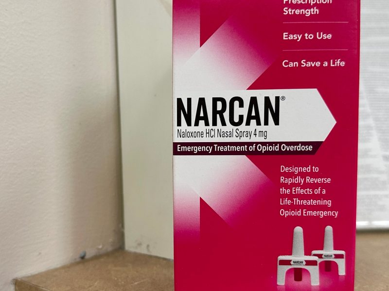 A box of Narcan nasal spray, the opioid-reversing medication that has been approved for over-the-counter use, sits on a pharmacy counter on Feb. 22, 2024. (Sapna Bansil/Capital News Service)