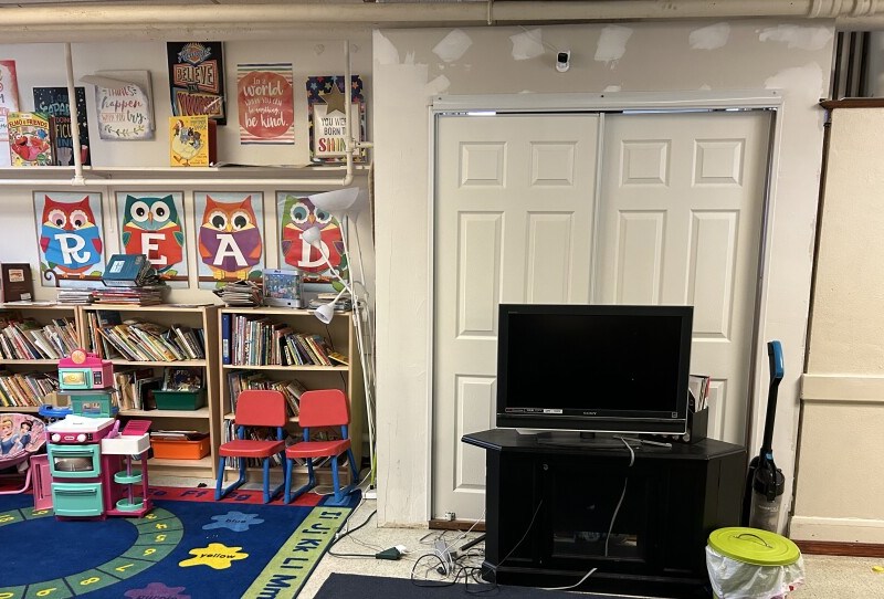 On the far left is a reading nook and in the center is a game room. Clara "Angel" Freeman, the shleter manager, said Night of Peace tries providing some comfort for its youngest tenants. Photo by Wambui Kamau/WYPR.