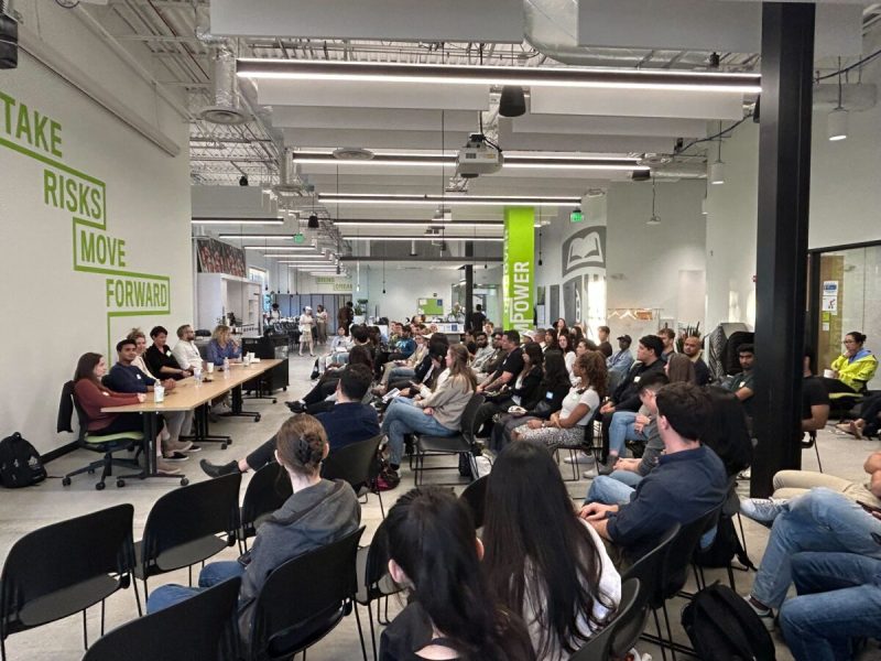 The "How Startups Get Started" panel at the Pava Center in October 2024. (Sameer Rao/Technical.ly)