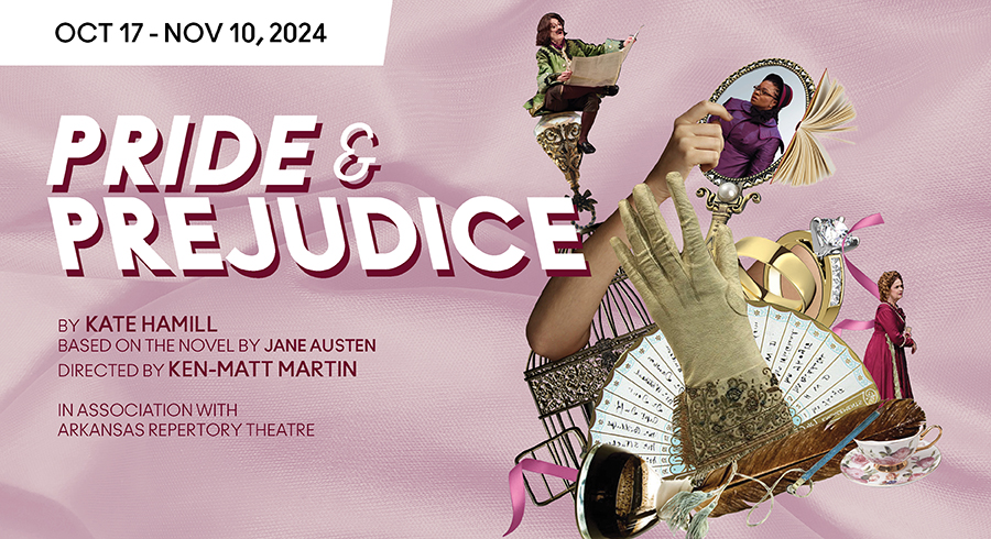 flier for pride and prejudice on pink background with collage of people and things like a gloved hand and victorian chair