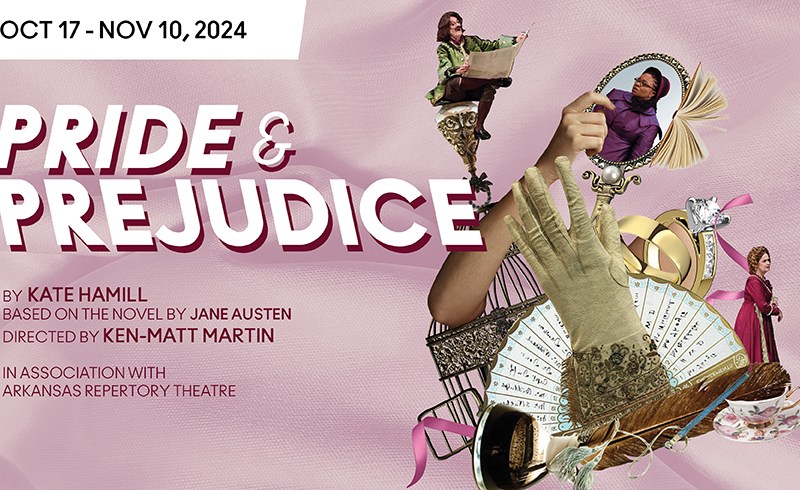 flier for pride and prejudice on pink background with collage of people and things like a gloved hand and victorian chair