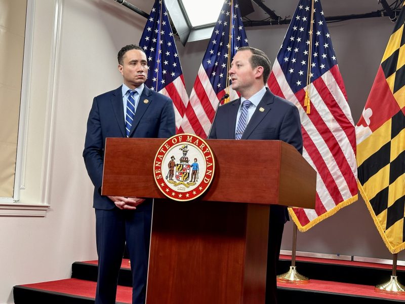 Senate Judicial Proceedings Committee Chair Will Smith, D-Montgomery (left), and Senate President Bill Ferguson, D-Baltimore City (right), spoke at a press conference on March 1, 2024, where they announced that legislation to legalize medical aid in dying would not move out of its committee phase. (Sapna Bansil/Capital News Service)