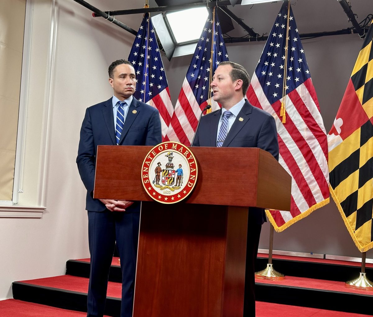 Senate Judicial Proceedings Committee Chair Will Smith, D-Montgomery (left), and Senate President Bill Ferguson, D-Baltimore City (right), spoke at a press conference on March 1, 2024, where they announced that legislation to legalize medical aid in dying would not move out of its committee phase. (Sapna Bansil/Capital News Service)