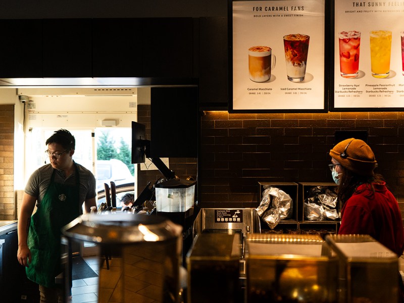 ELLICOTT CITY, Md. - Workers Steve To (left) and Noah Smith (right) at the Shipley’s Grant Starbucks, whose employees just voted to unionize. (Mathew J. Schumer/Capital News Service)