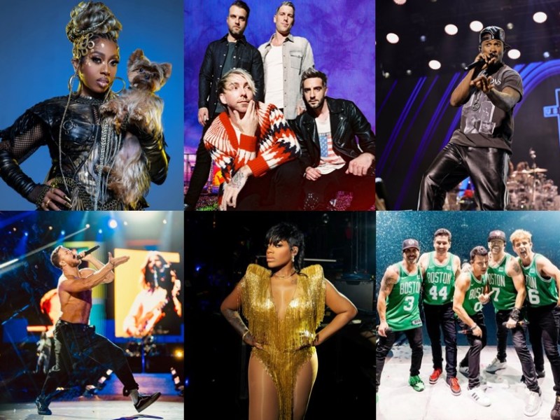 (Clockwise from top left) Missy Elliott; All Time Low; Usher; New Kids on the Block; Fantasia; and Imagine Dragons.