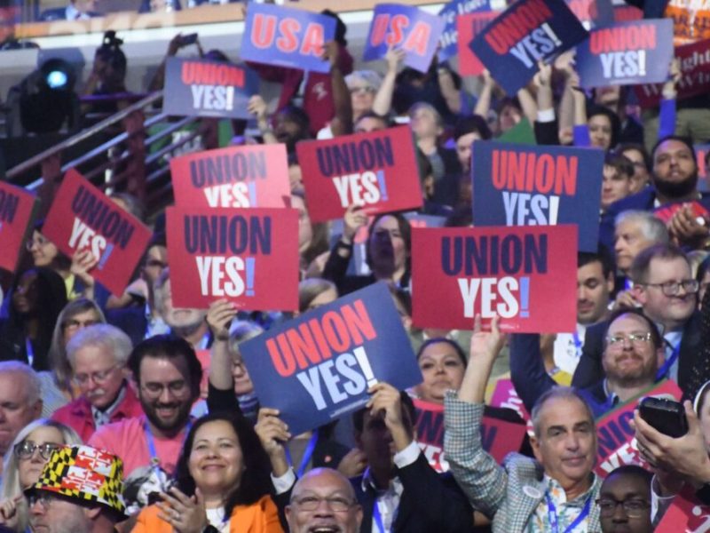 CHICAGO — The Maryland delegation holds up “Union Yes!” signs on first night of the Democratic National Convention in August. (Katharine Wilson/Capital News Service)