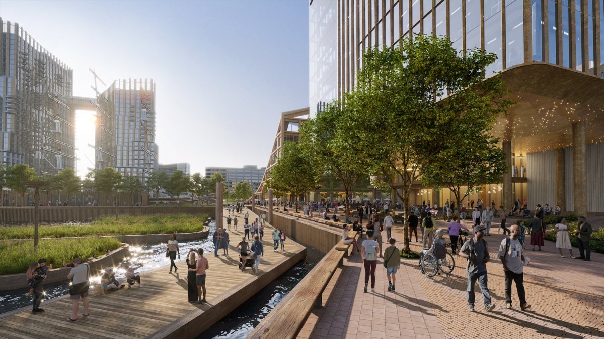 MCB Real Estate's plan for redeveloping Harborplace calls for rebuilding the Inner Harbor promenade so it has two levels: an upper promenade on land and a lower promenade that’s designed to float on the water, rising up and down with the tide. Credit: MCB Real Estate.