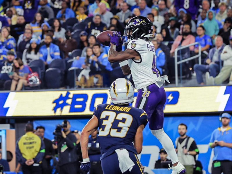 Baltimore Ravens wide receiver Zay Flowers catches a touchdown pass during the team's Sunday night game against the Los Angeles Chargers. Photo courtesy of Baltimore Ravens.