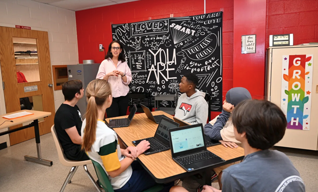 A teacher instructs an attentive class in a Calvert County public school earlier this year. (Capital News Service)