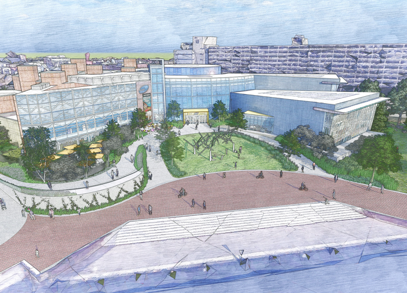 A rendering depicts enhancements to the Maryland Science Center's Harbor side plaza, including the addition of more green spaces. Image courtesy of Maryland Science Center.