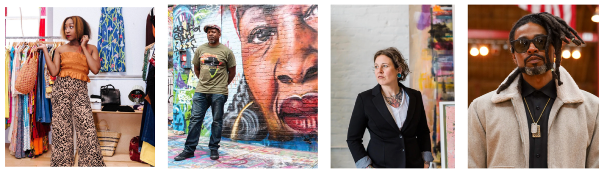 4 portraits side by side, all standing and facing camera with or in front of their art