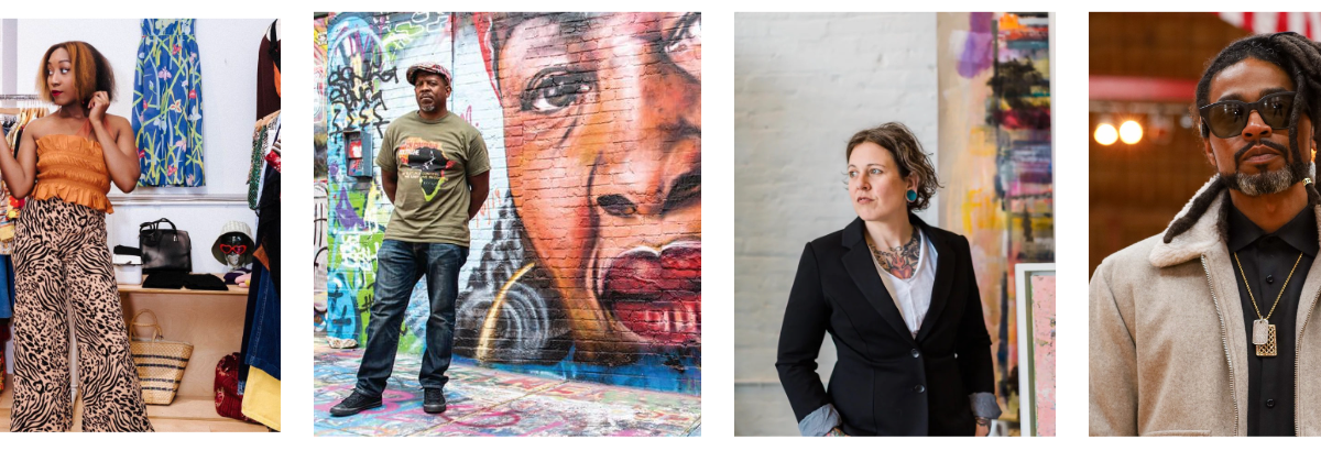 4 portraits side by side, all standing and facing camera with or in front of their art