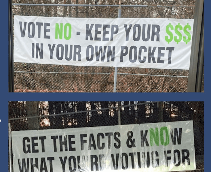 two photos of signs posted on chain link fences, telling employees to vote against union membership