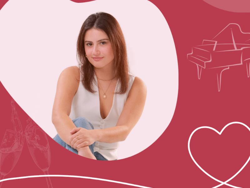 Woman in sleveless white shirt smiles at camera with white background and red framing