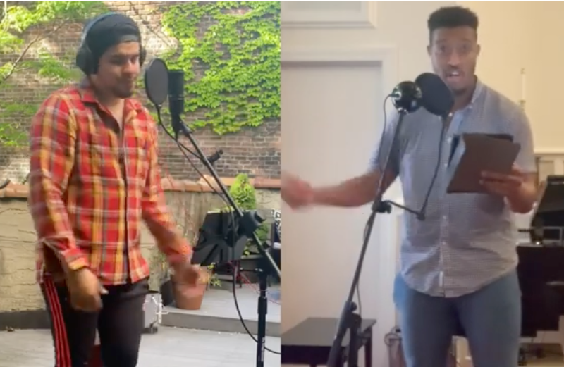 Side by side shots of two men, one in red plaid shirt, one in grey shirt, both singing into microphones