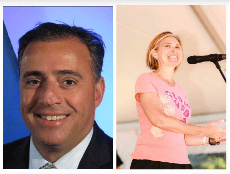 Side-by-side photos. Man on left, headshot, woman on right smiling and speaking into microphone